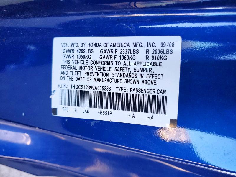 Aukcja sprzedaży 2009 Honda Accord, vin: 1HGCS12399A005386, numer aukcji: 71293816