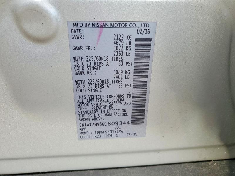2016 Nissan Rogue მანქანა იყიდება აუქციონზე, vin: 5N1AT2MV8GC809344, აუქციონის ნომერი: 70889976