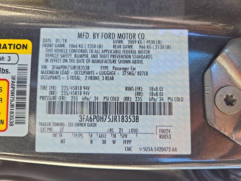 72023076 :رقم المزاد ، 3FA6P0H75JR183538 vin ، 2018 Ford Fusion مزاد بيع