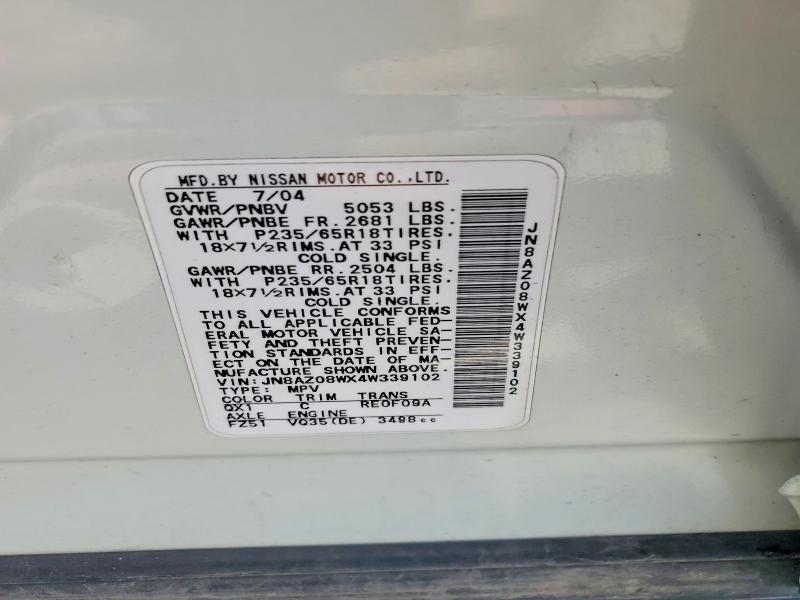 2004 Nissan Murano მანქანა იყიდება აუქციონზე, vin: JN8AZ08WX4W339102, აუქციონის ნომერი: 71606866
