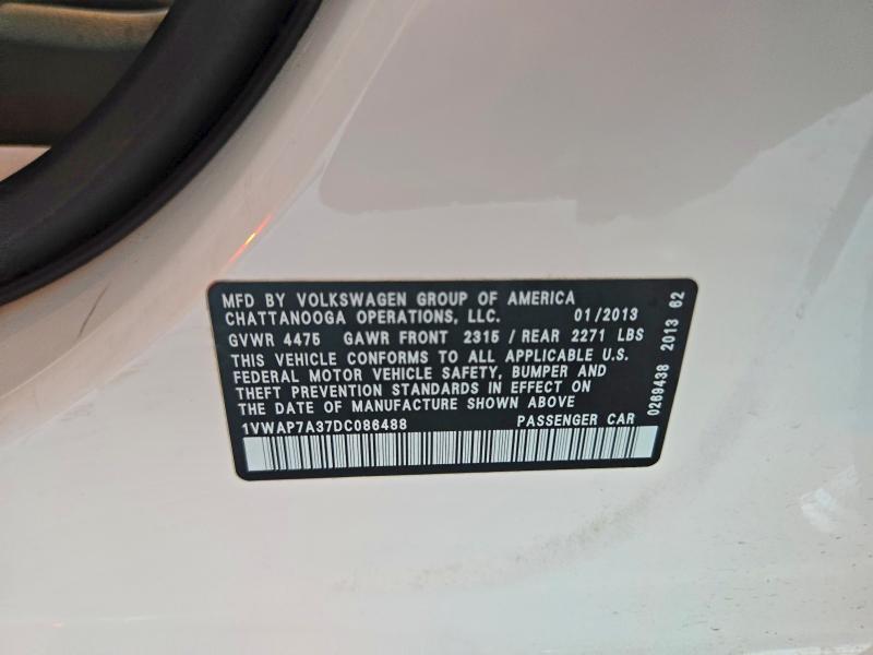 71035856 :رقم المزاد ، 1VWAP7A37DC086488 vin ، 2013 Volkswagen Passat مزاد بيع