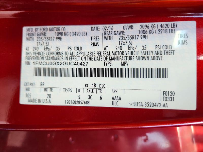 Продаж на аукціоні авто 2016 Ford Escape, vin: 1FMCU0GX2GUC40427, номер лоту: 71480746