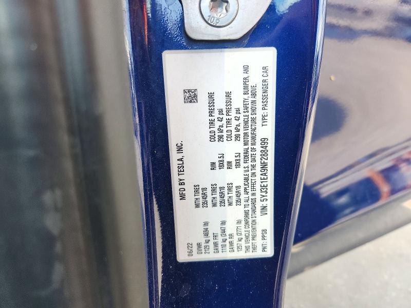 Продажа на аукционе авто 2022 Tesla Model 3, vin: 5YJ3E1EA9NF288499, номер лота: 72176086