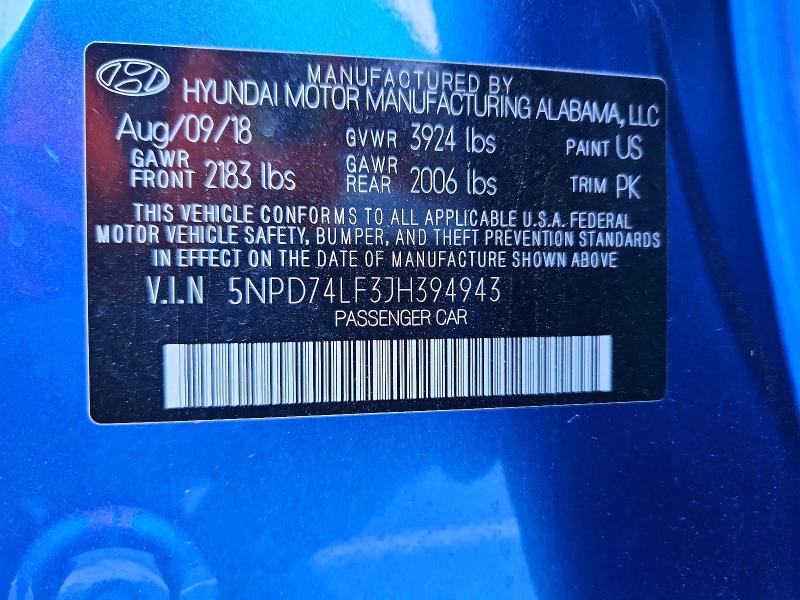 71296616 :رقم المزاد ، 5NPD74LF3JH394943 vin ، 2018 Hyundai Elantra مزاد بيع