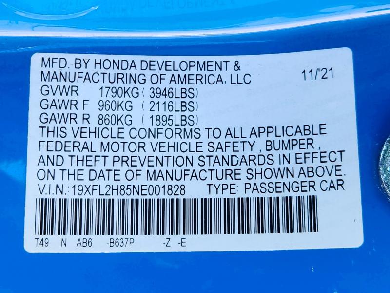 2022 Honda Civic მანქანა იყიდება აუქციონზე, vin: 19XFL2H85NE001828, აუქციონის ნომერი: 71998496