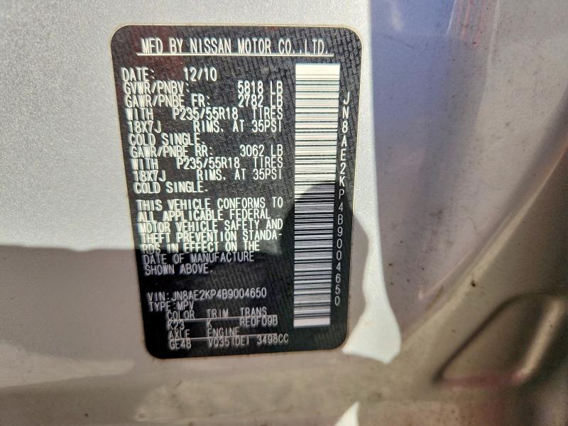 2011 Nissan Quest მანქანა იყიდება აუქციონზე, vin: JN8AE2KP4B9004650, აუქციონის ნომერი: 71898906