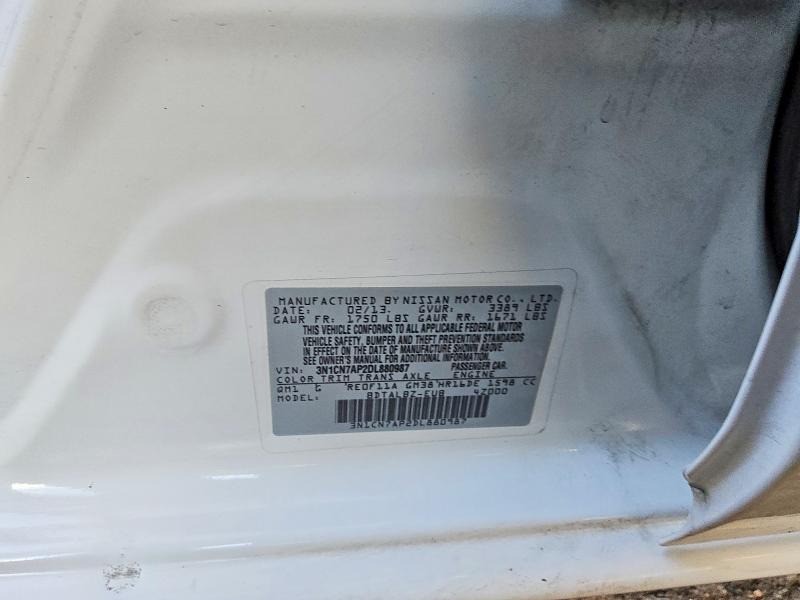 2013 Nissan Versa მანქანა იყიდება აუქციონზე, vin: 3N1CN7AP2DL880987, აუქციონის ნომერი: 71084806