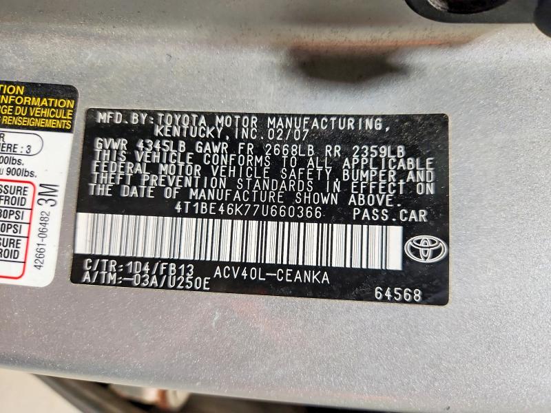 Продаж на аукціоні авто 2007 Toyota Camry, vin: 4T1BE46K77U660366, номер лоту: 71578826