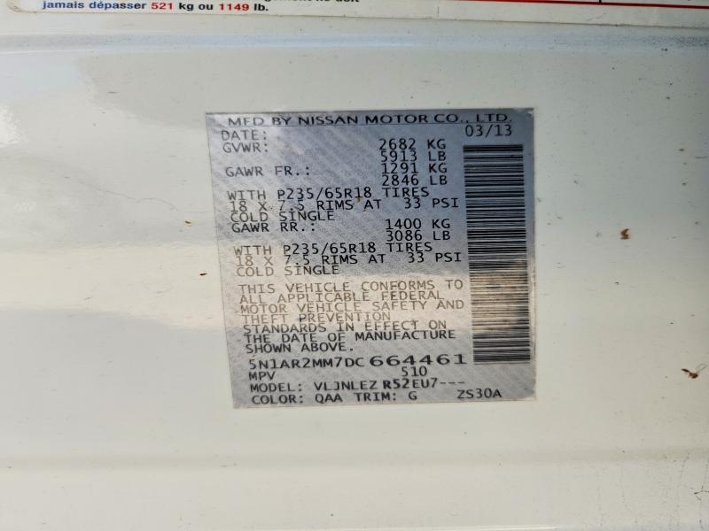 2013 Nissan Pathfinder მანქანა იყიდება აუქციონზე, vin: 5N1AR2MM7DC664461, აუქციონის ნომერი: 71491686