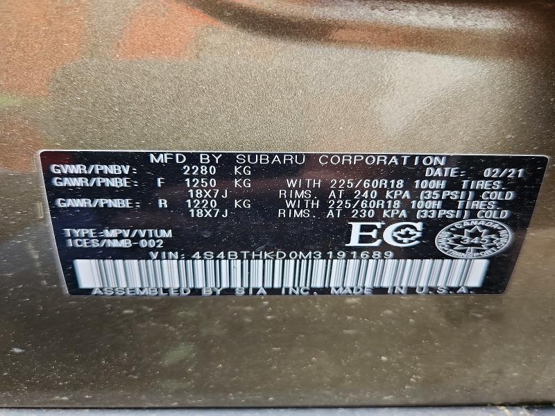 Продаж на аукціоні авто 2021 Subaru Outback, vin: 4S4BTHKD0M3191689, номер лоту: 71017426