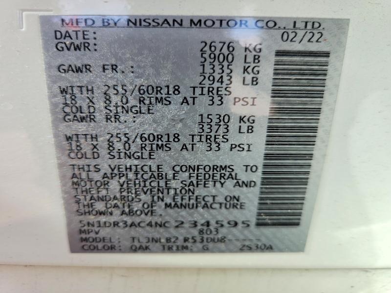 2022 Nissan Pathfinder მანქანა იყიდება აუქციონზე, vin: 5N1DR3AC4NC234595, აუქციონის ნომერი: 70425216