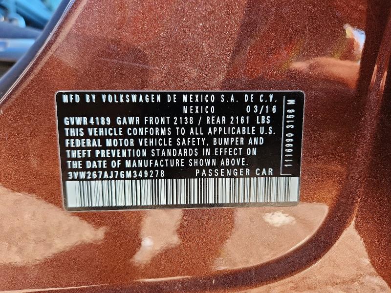 Auction sale of the 2016 Volkswagen Jetta, vin: 3VW267AJ7GM349278, lot number: 71844726