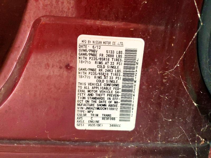 71579646 :رقم المزاد ، JN8AZ1MU2CW118912 vin ، 2012 Nissan Murano مزاد بيع