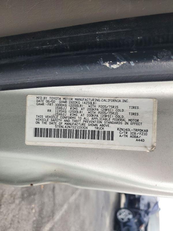 2002 Toyota Tacoma მანქანა იყიდება აუქციონზე, vin: 5TENL42N72Z103304, აუქციონის ნომერი: 74074016