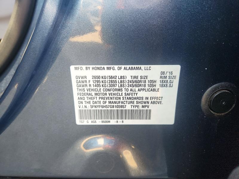 2016 Honda Pilot მანქანა იყიდება აუქციონზე, vin: 5FNYF6H57GB105957, აუქციონის ნომერი: 70918476