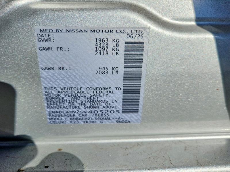 2025 Nissan Altima მანქანა იყიდება აუქციონზე, vin: 1N4BL4DV2SN405205, აუქციონის ნომერი: 71810456