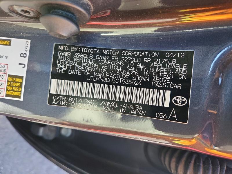 71606076 :رقم المزاد ، JTDKN3DU5C1535624 vin ، 2012 Toyota Prius مزاد بيع