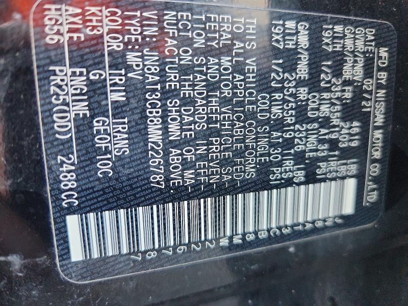 71054986 :رقم المزاد ، JN8AT3CB8MW226787 vin ، 2021 Nissan Rogue مزاد بيع