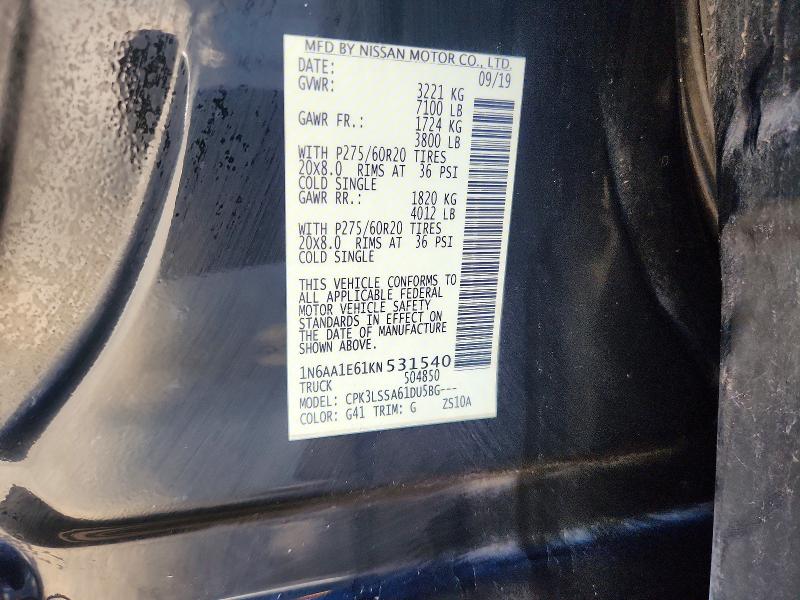 2019 Nissan Titan მანქანა იყიდება აუქციონზე, vin: 1N6AA1E61KN531540, აუქციონის ნომერი: 71605676