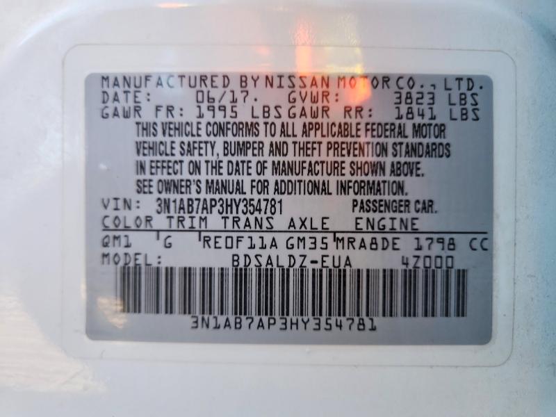 2017 Nissan Sentra მანქანა იყიდება აუქციონზე, vin: 3N1AB7AP3HY354781, აუქციონის ნომერი: 71591716