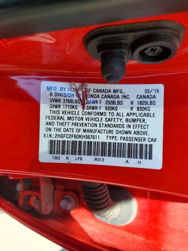 Продаж на аукціоні авто 2019 Honda Civic, vin: 2HGFC2F60KH567611, номер лоту: 72186026