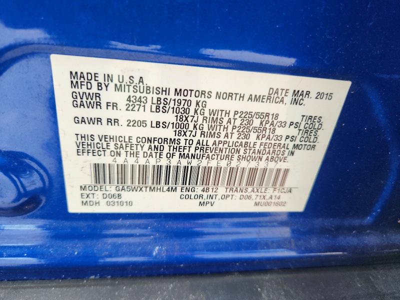 Aukcja sprzedaży 2015 Mitsubishi Outlander Sport, vin: 4A4AP3AW2FE027337, numer aukcji: 72896856