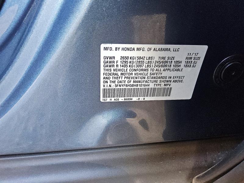 2017 Honda Pilot მანქანა იყიდება აუქციონზე, vin: 5FNYF6H58HB101644, აუქციონის ნომერი: 71888566