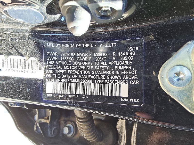 Продаж на аукціоні авто 2018 Honda Civic, vin: SHHFK7G48JU226908, номер лоту: 71941956