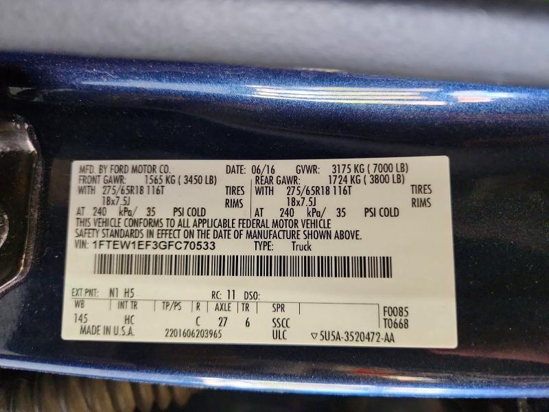 Auction sale of the 2016 Ford F150, vin: 1FTEW1EF3GFC70533, lot number: 72594936