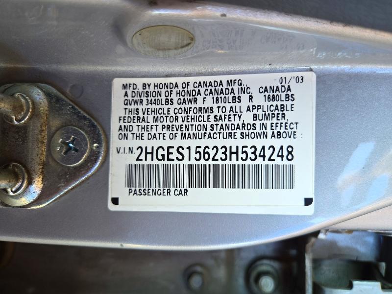 2003 Honda Civic მანქანა იყიდება აუქციონზე, vin: 2HGES15623H534248, აუქციონის ნომერი: 72730646