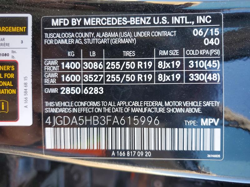 71980416 :رقم المزاد ، 4JGDA5HB3FA615996 vin ، 2015 Mercedes-benz Ml مزاد بيع