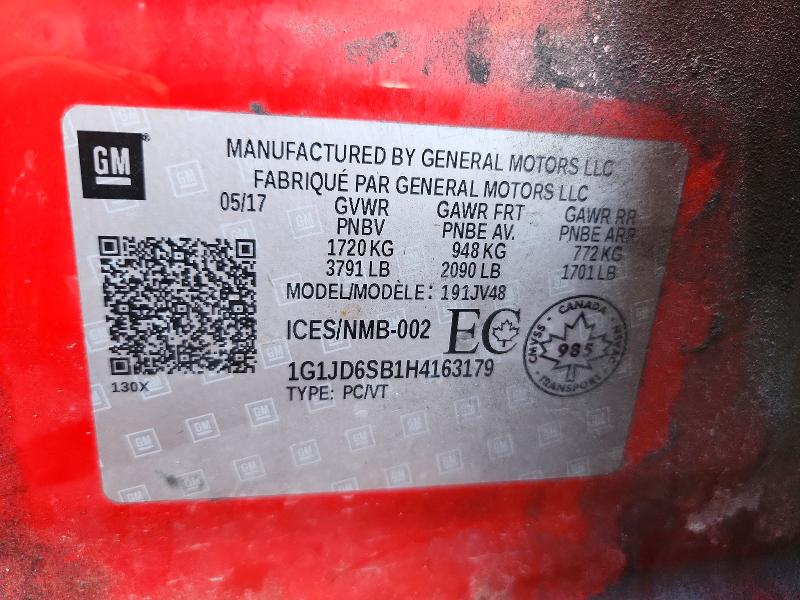 72499106 :رقم المزاد ، 1G1JD6SB1H4163179 vin ، 2017 Chevrolet Sonic مزاد بيع