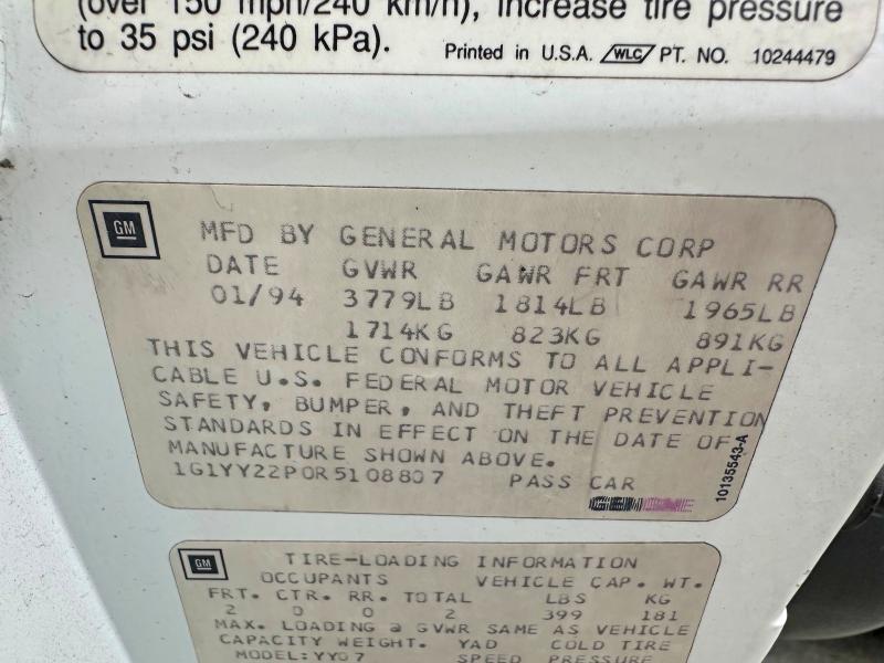 71567126 :رقم المزاد ، 1G1YY22P0R5108807 vin ، 1994 Chevrolet Corvette مزاد بيع