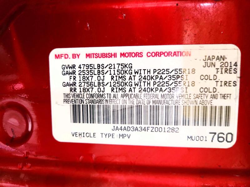 69526076 :رقم المزاد ، JA4AD3A34FZ001282 vin ، 2015 Mitsubishi Outlander مزاد بيع