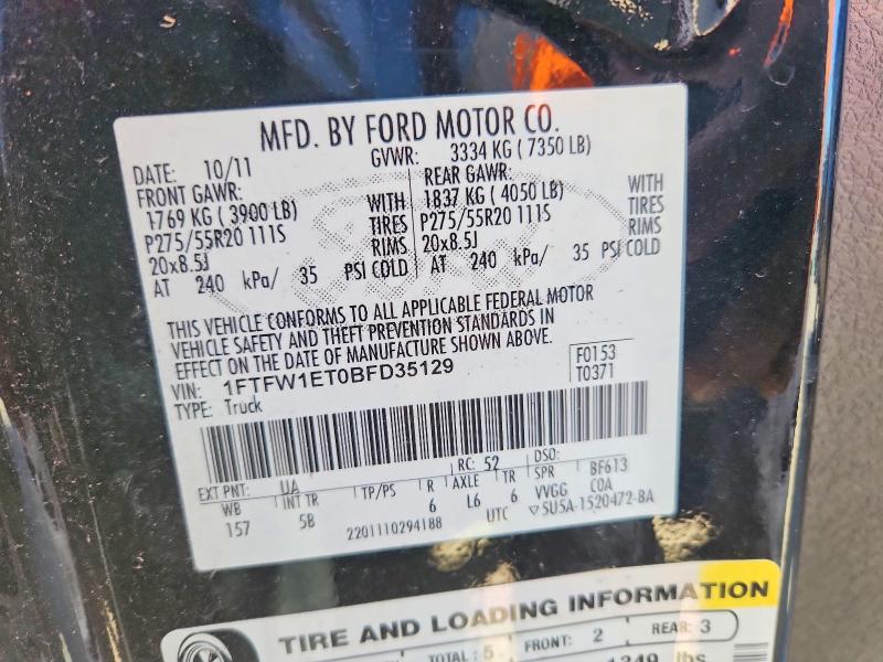 2011 Ford F150 მანქანა იყიდება აუქციონზე, vin: 1FTFW1ET0BFD35129, აუქციონის ნომერი: 70945956
