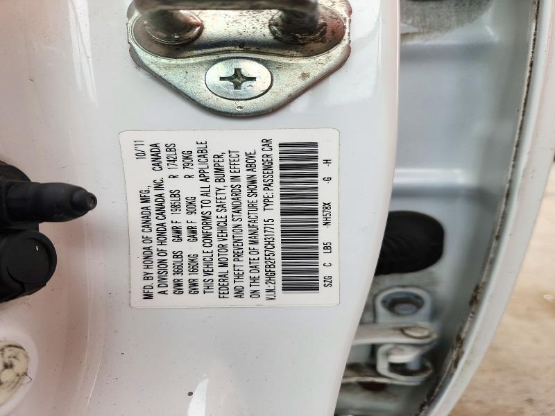 72102866 :رقم المزاد ، 2HGFB2F57CH317715 vin ، 2012 Honda Civic مزاد بيع