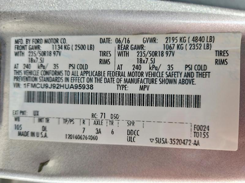 Auction sale of the 2017 Ford Escape, vin: 1FMCU9J92HUA95938, lot number: 71500416
