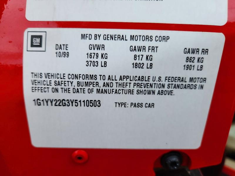 2000 Chevrolet Corvette მანქანა იყიდება აუქციონზე, vin: 1G1YY22G3Y5110503, აუქციონის ნომერი: 72528406