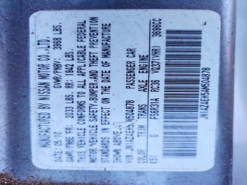 2010 Nissan 370z მანქანა იყიდება აუქციონზე, vin: JN1AZ4EH5AM504878, აუქციონის ნომერი: 71103466