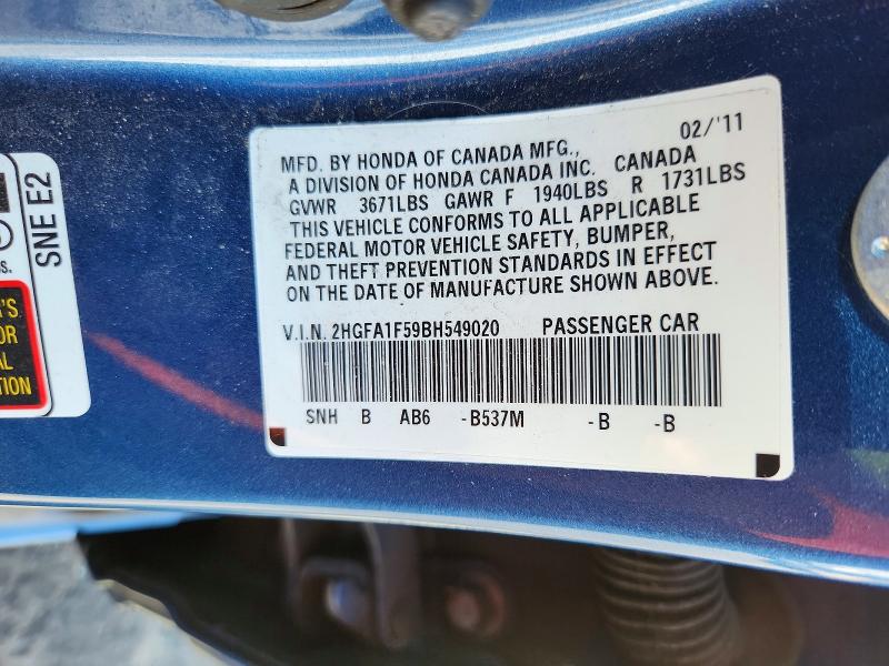 71479766 :رقم المزاد ، 2HGFA1F59BH549020 vin ، 2011 Honda Civic مزاد بيع