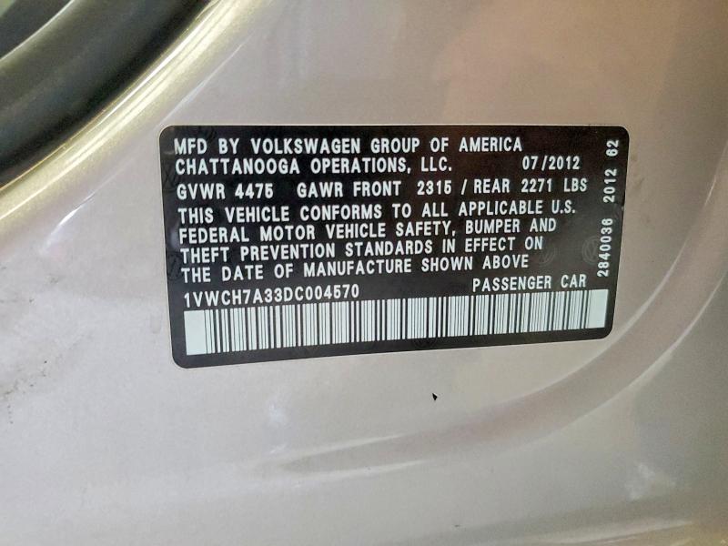 Aukcja sprzedaży 2013 Volkswagen Passat, vin: 1VWCH7A33DC004570, numer aukcji: 72040706