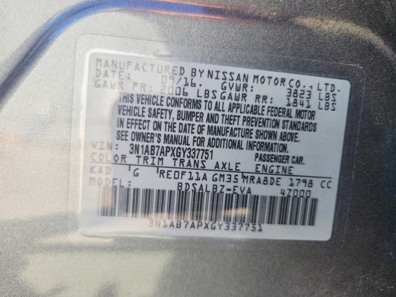 2016 Nissan Sentra მანქანა იყიდება აუქციონზე, vin: 3N1AB7APXGY337751, აუქციონის ნომერი: 70836596