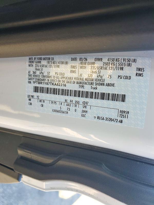 Продаж на аукціоні авто 2026 Ford Transit, vin: 1FTBR1Y87TKA82316, номер лоту: 71782176