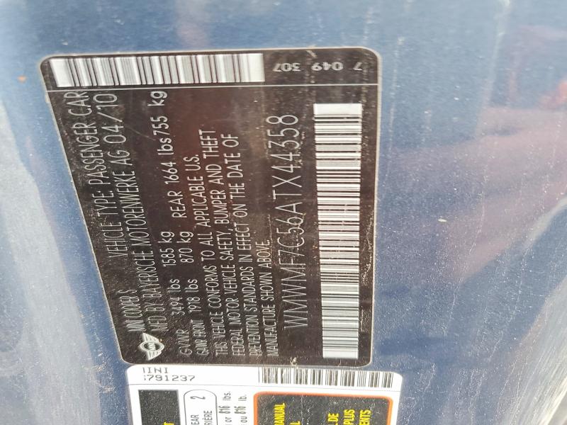 Продажа на аукционе авто 2010 Mini Cooper, vin: WMWMF7C56ATX44358, номер лота: 70952986