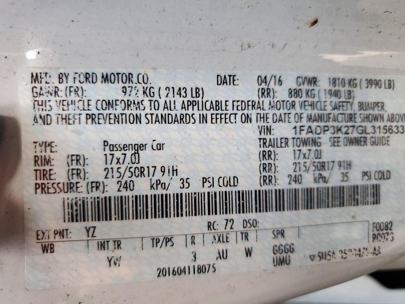 2016 Ford Focus მანქანა იყიდება აუქციონზე, vin: 1FADP3K27GL315633, აუქციონის ნომერი: 72724506