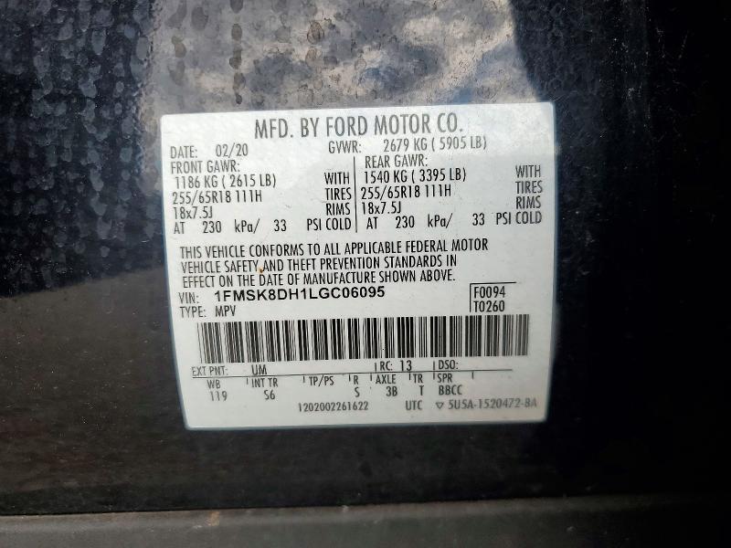 71470016 :رقم المزاد ، 1FMSK8DH1LGC06095 vin ، 2020 Ford Explorer مزاد بيع