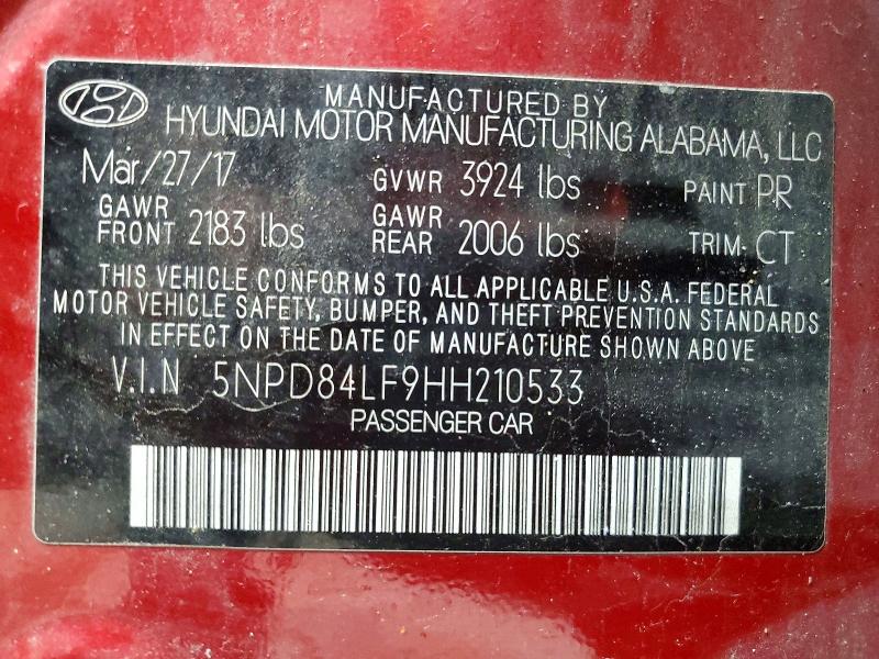 72377156 :رقم المزاد ، 5NPD84LF9HH210533 vin ، 2017 Hyundai Elantra مزاد بيع
