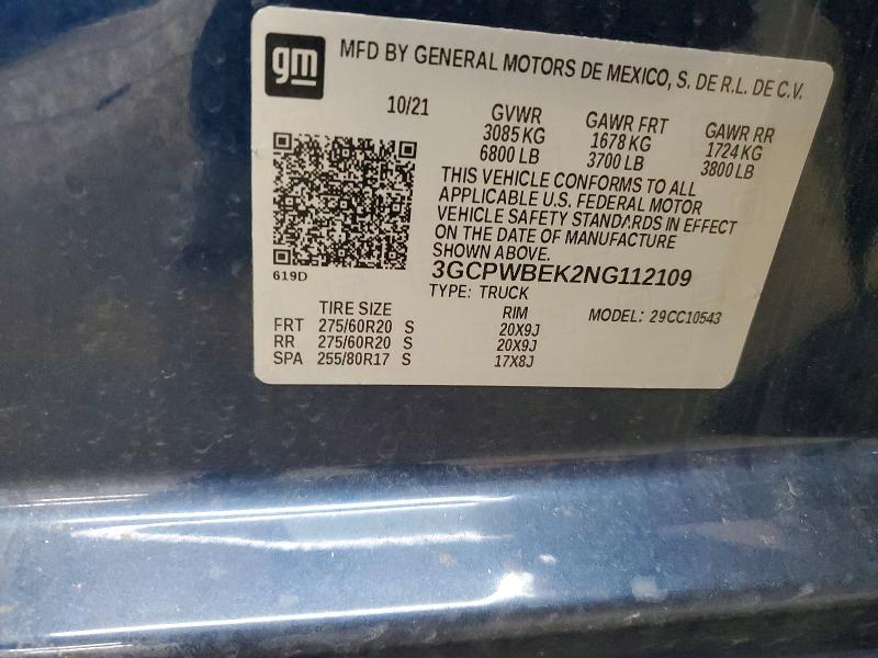 71373886 :رقم المزاد ، 3GCPWBEK2NG112109 vin ، 2022 Chevrolet Silverado Ltd مزاد بيع