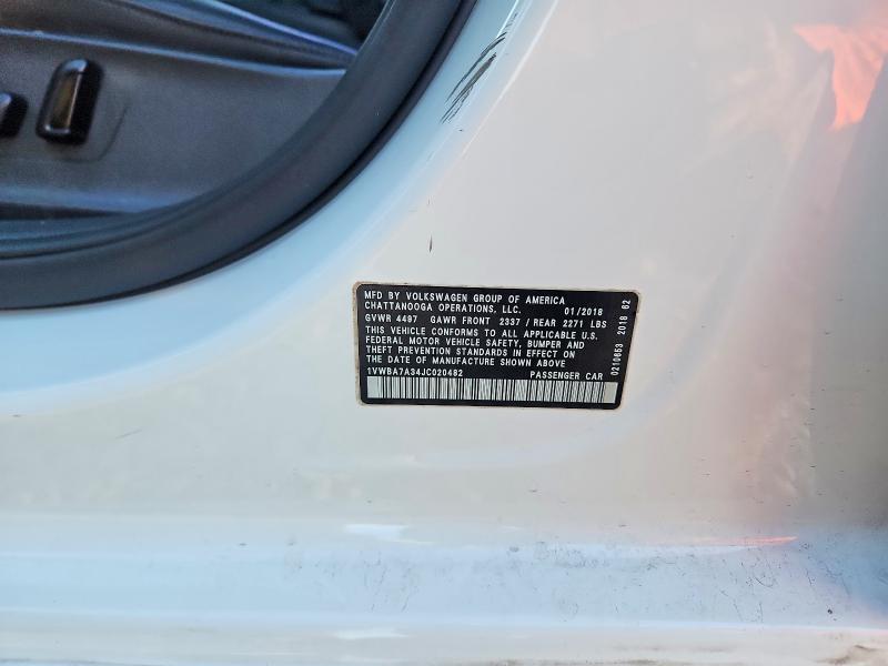 70376496 :رقم المزاد ، 1VWBA7A34JC020482 vin ، 2018 Volkswagen Passat مزاد بيع