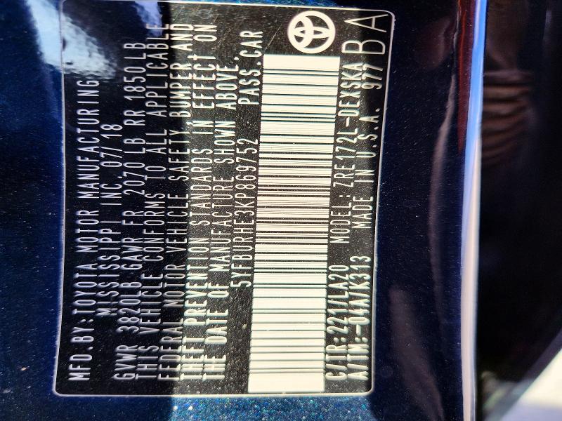 Aukcja sprzedaży 2019 Toyota Corolla, vin: 5YFBURHE3KP869752, numer aukcji: 71503206